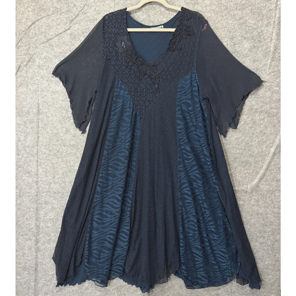 Mena Cinque Midi Dress Sz 2X Blue Lace Overlay Floral Appliques Beaded‎ Italy - Picture 1 of 9